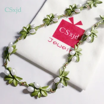 CSxjd Vintage nakit ogrlica zeleno lak, ki pečemo listi Imitacije pearl Retro ogrlica za Ženske poročna ogrlica