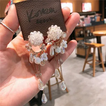 Japonska Koreja Pretirana Nosorogovo Kristalno Velik Cvet Žogo Uhani Za Ženske Pearl Tassel Elegantno Oblikovanje Nakita Oorbellen