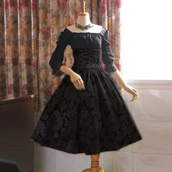 False dvodelne Obleke Lolita Natisnjeni Visoko Pasu Dolg Rokav Čipke Viktorijanski Gothic Črna, Rdeča, Siva Ženske Kopalke Plus Velikost 5XL