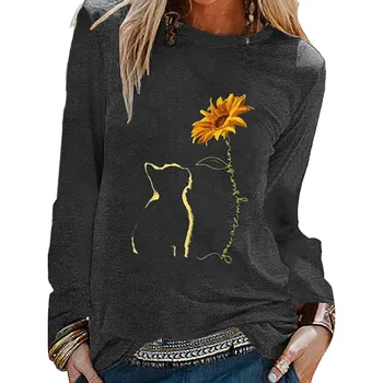 Sončnično Majica s kratkimi rokavi Ženske Jeseni Vrhovi Svoboden Cat Natisnjeni Vzročno Dolg Rokav T-shirt Srajca Femme Vrhovi Mujer