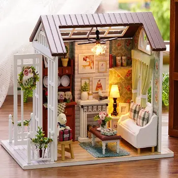 Božično Darilo 3D Lesena Lutka Hiša Dnevna Soba z Balkonom Pohištvo DIY Mini Kit Igrače s Prahom Kritje Lutke P10