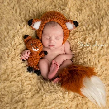 Novorojenček Klobuk Kvačkanje Fox Lutka In Klobuk Komplet Dojenček Fotografija Rekviziti Baby Klobuk