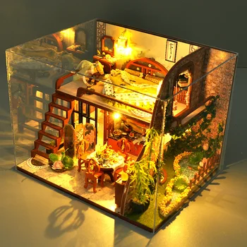 Novo DIY Mansarda Lesene Lutke Miniaturnega Pohištva Z LED Luči Kompleti Lutka Hiše Zbrati Igrače Otrok Božično Darilo Casa