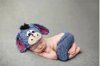 Novorojenega Dečka Fotografija Rekviziti Kawaii Kvačkanje Živali Obleko Velika Ušesa Osel Baby Klobuk, Hlače Komplet Za Malčke Fotografija Dodatki