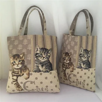 Mačka, ki prevažajo perilo vrečko eno ramo torba bombaž konoplja nakupovalno vrečko risanka platno vrečko