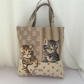 Mačka, ki prevažajo perilo vrečko eno ramo torba bombaž konoplja nakupovalno vrečko risanka platno vrečko