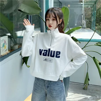 Majica Ženske Obreži Zgoraj Pisma Natisnjena Hoodies Majica Dolg Rokav Priložnostne Korejski Slog Top Tees Jesenski Oblačila
