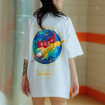 Ins Hong Kong Slog Trend Hip-hop Svoboden Pol-sleeved Astronavt, ki je Natisnjena Plima Čisto Nekaj Kratek sleeved majica s kratkimi rokavi Moški Tee