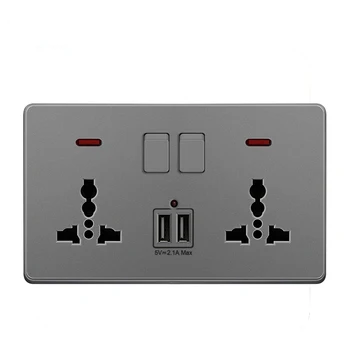 Univerzalni Stenski Moč Socket adapter vtičnice , 2.1 Dvojni Polnilnik USB Port,146mm*86mm, LED indikator, USB Preklopna Vtičnica, Siva