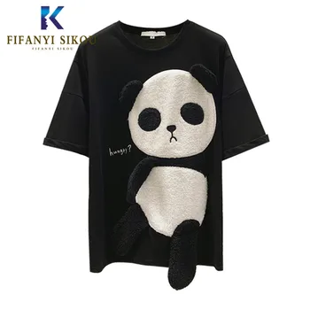 Srčkan Panda majica s kratkimi rokavi Ženske Poletje Moda Kratek rokav T shirt Plišastih Vezenje O-Vrat Vrhovi Priložnostne Vrhovi Svoboden Plus velikost Tshirt