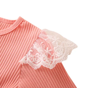 Pletene Ruffle Baby Girl Obleke Obleke Jeseni Leta 2020 Dolg Rokav Otroci Obleke za Dekle, Roza 2Pcs Čipke Malčka Sodijo Oblačila D20