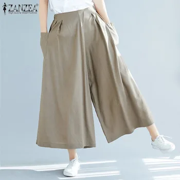 2021 Moda ZANZEA Ženske Širok Noge Hlače Lady Elastični Pas, Dolge Hlače Priložnostne Trdna Žepi Pantalones Ulične Plus Velikost